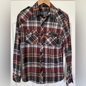 Kane & Unke Plaid Western Shirt Men’s Small Red Black Grunge Epaulet